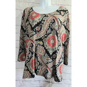 RM Malumi of Hawaii Black Multicolor Paisley Print Top Large Liquid Knit Soft
